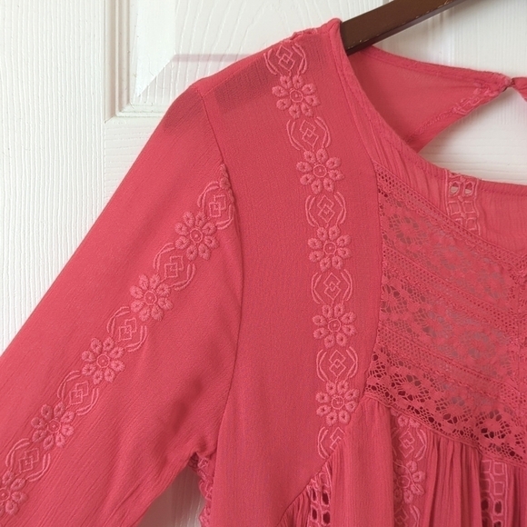 Free People Sweetest Dream Embroidered Long Puff Sleeve Tiered Tunic Top Pink XS - Picture 3 of 16